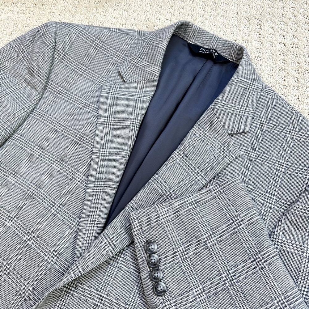 Jos A Bank Blazer 41L Long Grey Silk Wool Check Windowpane Sport Coat Jacket